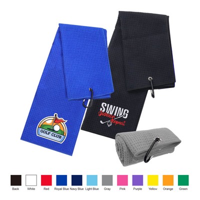 Microfiber Waffle Two-Fold Golf Towel w/ Carabiners Clip (16" x 24")